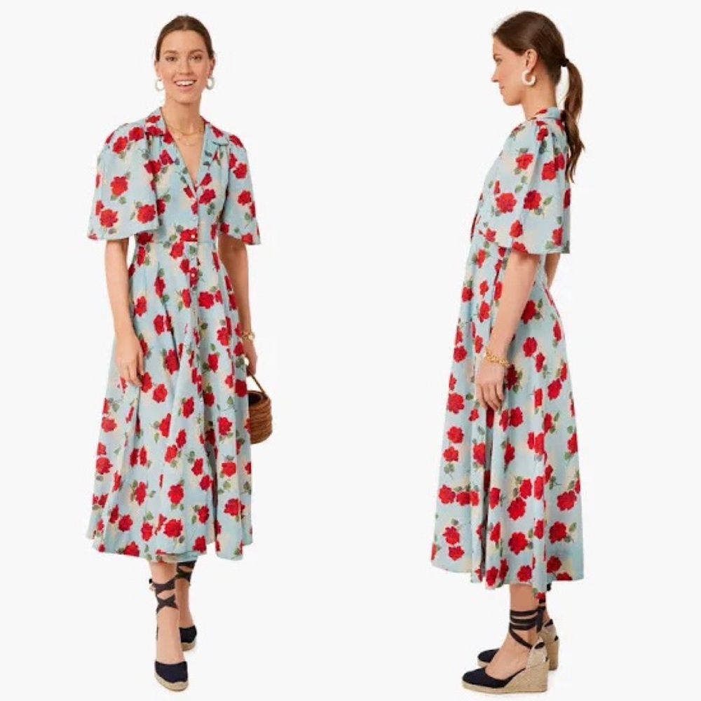 The Great Bridge Floral Midi Dress Blue Red Cotton Size 0 / XS - Picture 7 of 15